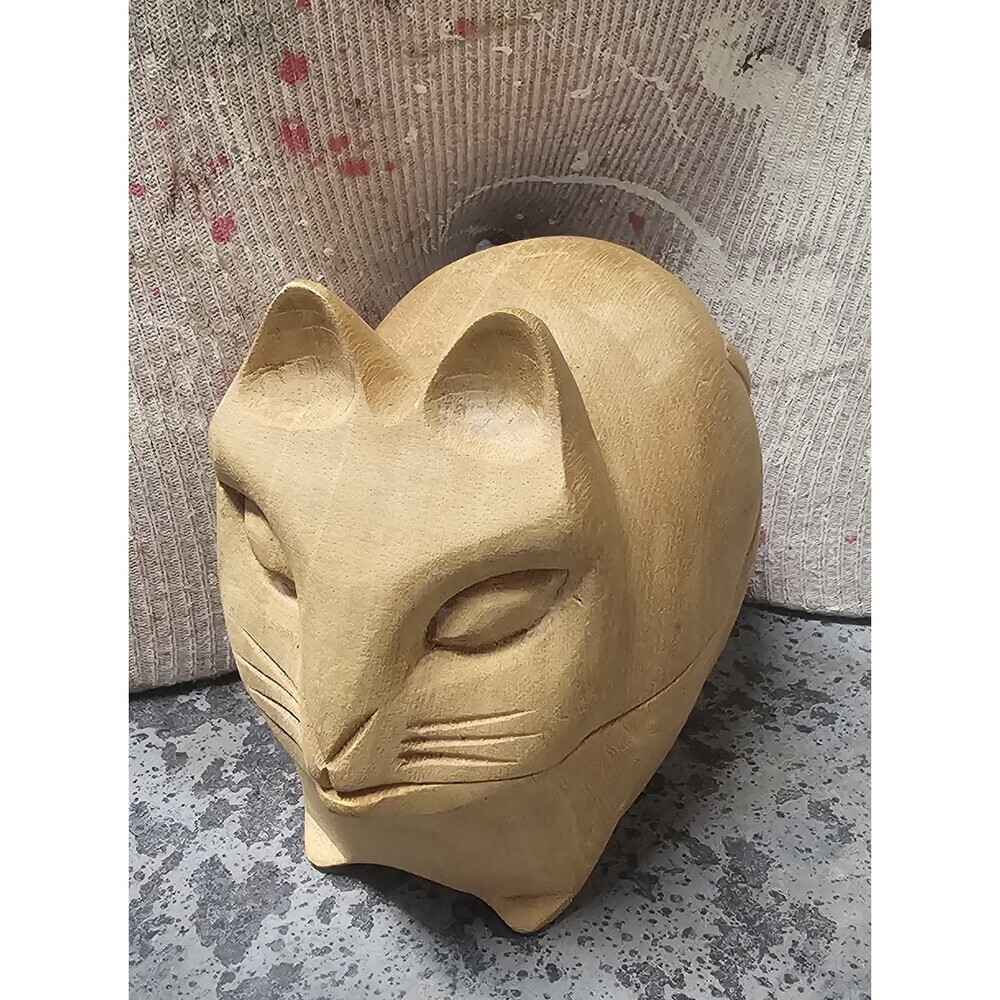 Arthur Court Designs 1980's Hand Carved Cat Wood Trinket Stash Box